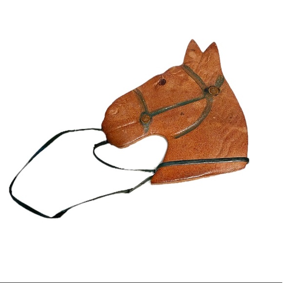 Vintage Jewelry - Vintage handmade brown leather horse brooch